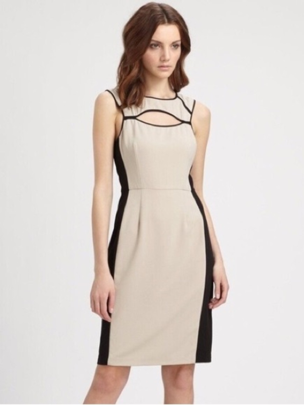 BCBGMaxAzria Taupe and Black Colorblock Sheath Midi Dress